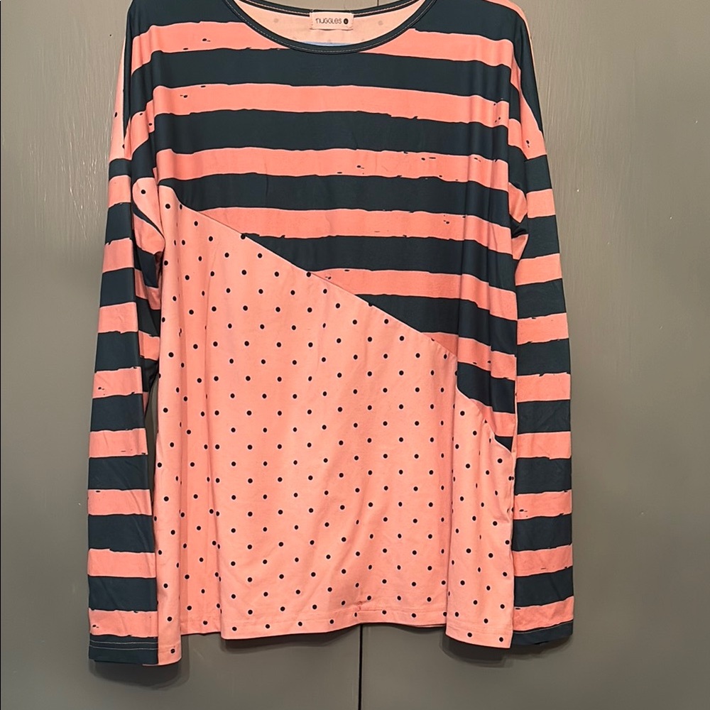 Pink and Blue Striped and Polka Dot Long Sleeve Top